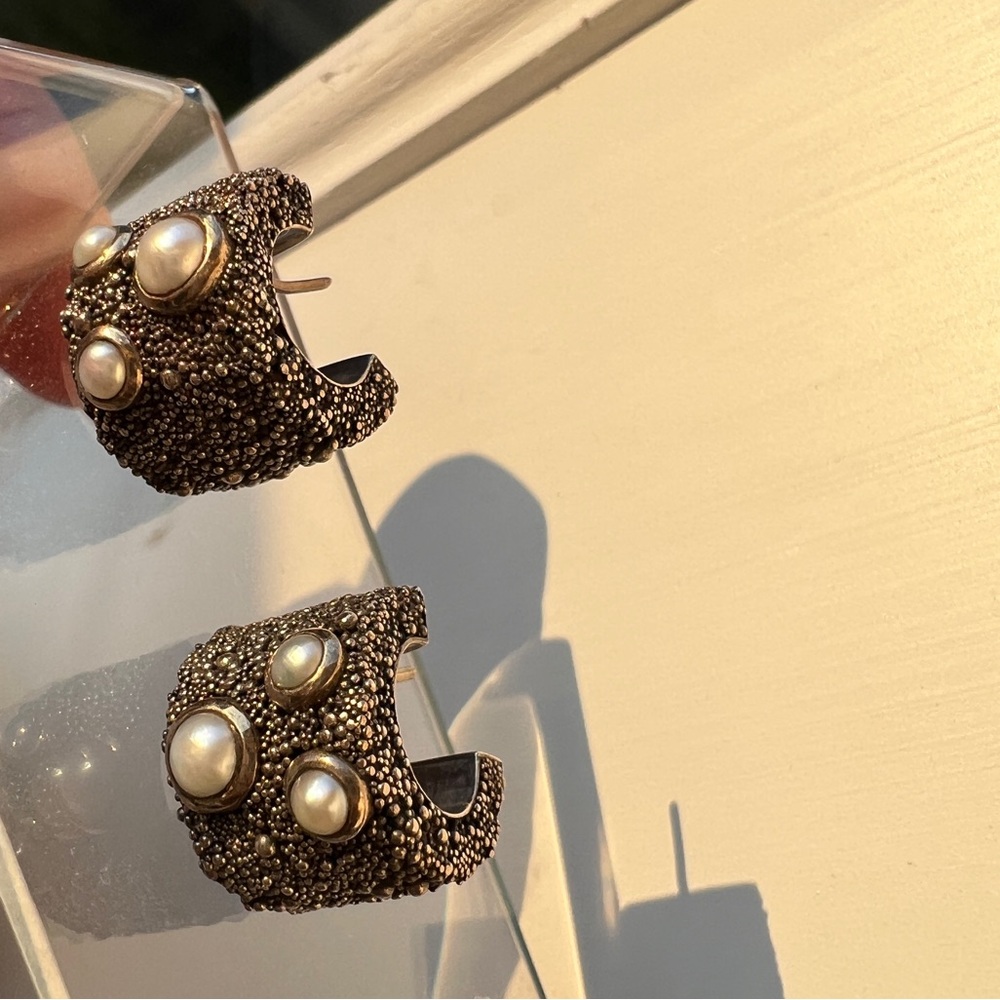 1Day Sale Brutalist Vintage Pearl 14k Gold 925 Textured Estate Earrings Designer